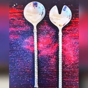 VTG TWO PIECES E.P.ZINC ITALY SALAD SERVING SET WITH TWISTED HANDLES PAUL REVERE